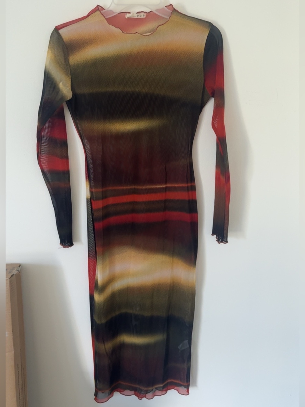 Sheer Ombre Long Sleeve Bodycon Dress - Red, Black, Gold